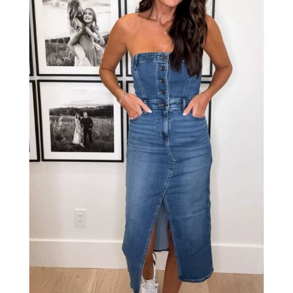 American Eagle Strapless Blue Denim Jean Midi Dress Size 14 - Picture 2 of 10